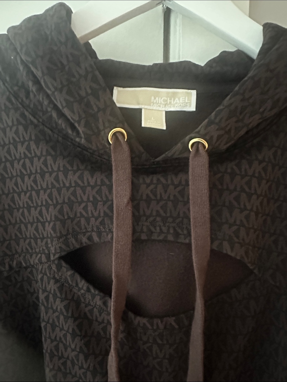 Michael Kors Brown All-Over MK Logo Hoodie with Front Cutout